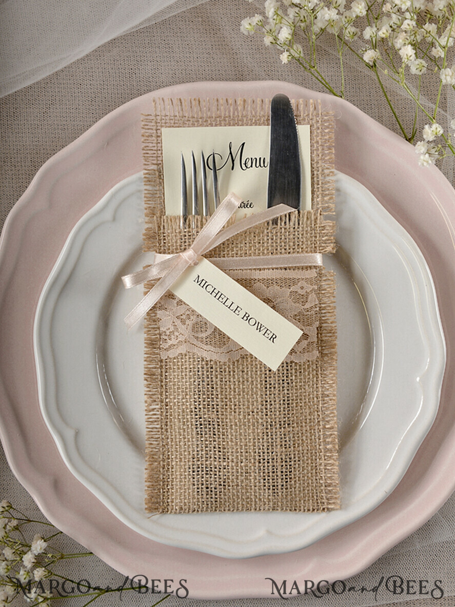 MENU & PROGRAMS rustic Burlap Silverware Holder With Ribbon, Rustic Lace table decor, Wedding Table Set, Table Setting, Burlap table decoration, Wedding Rustic Menu With Ribbon & Tag