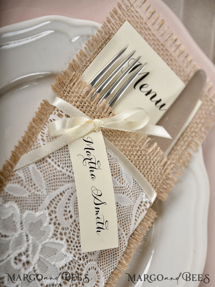 MENU & PROGRAMS rustic Burlap Silverware Holder, Rustic Lace table decor, Wedding Table Set, Table Setting, Burlap table decoration, Wedding Rustic Menu With Ecru Ribbon And A Tag  