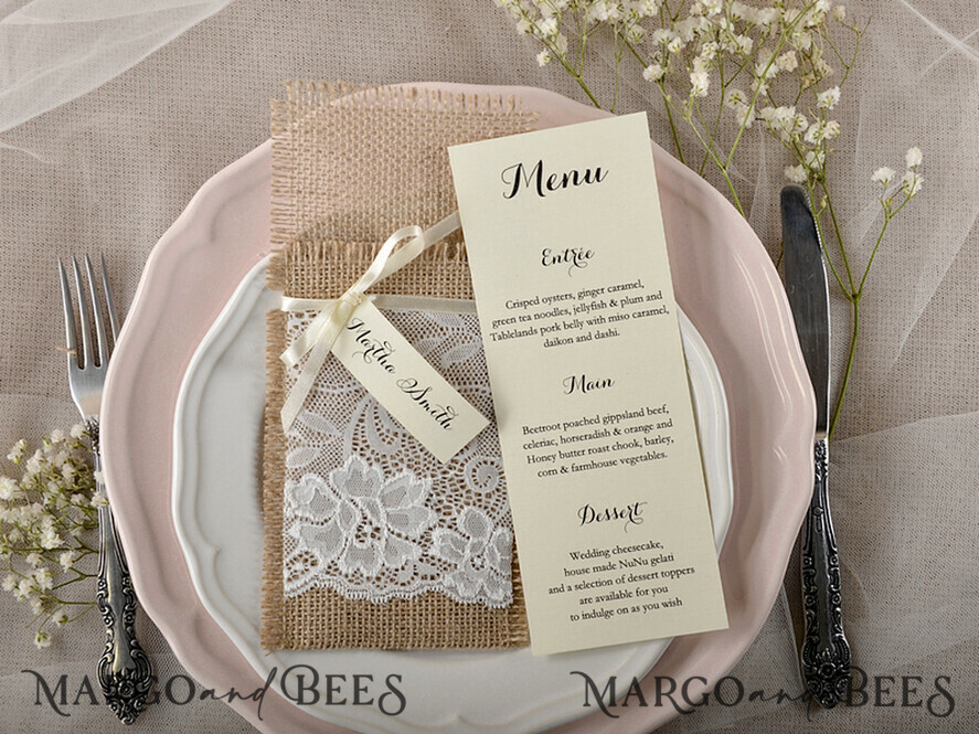 MENU & PROGRAMS rustic Burlap Silverware Holder, Rustic Lace table decor, Wedding Table Set, Table Setting, Burlap table decoration, Wedding Rustic Menu With Ecru Ribbon And A Tag  