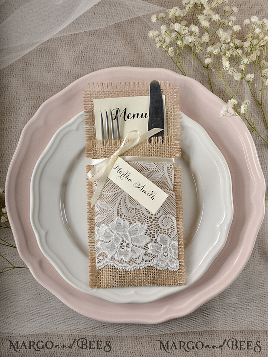 MENU & PROGRAMS rustic Burlap Silverware Holder, Rustic Lace table decor, Wedding Table Set, Table Setting, Burlap table decoration, Wedding Rustic Menu With Ecru Ribbon And A Tag  