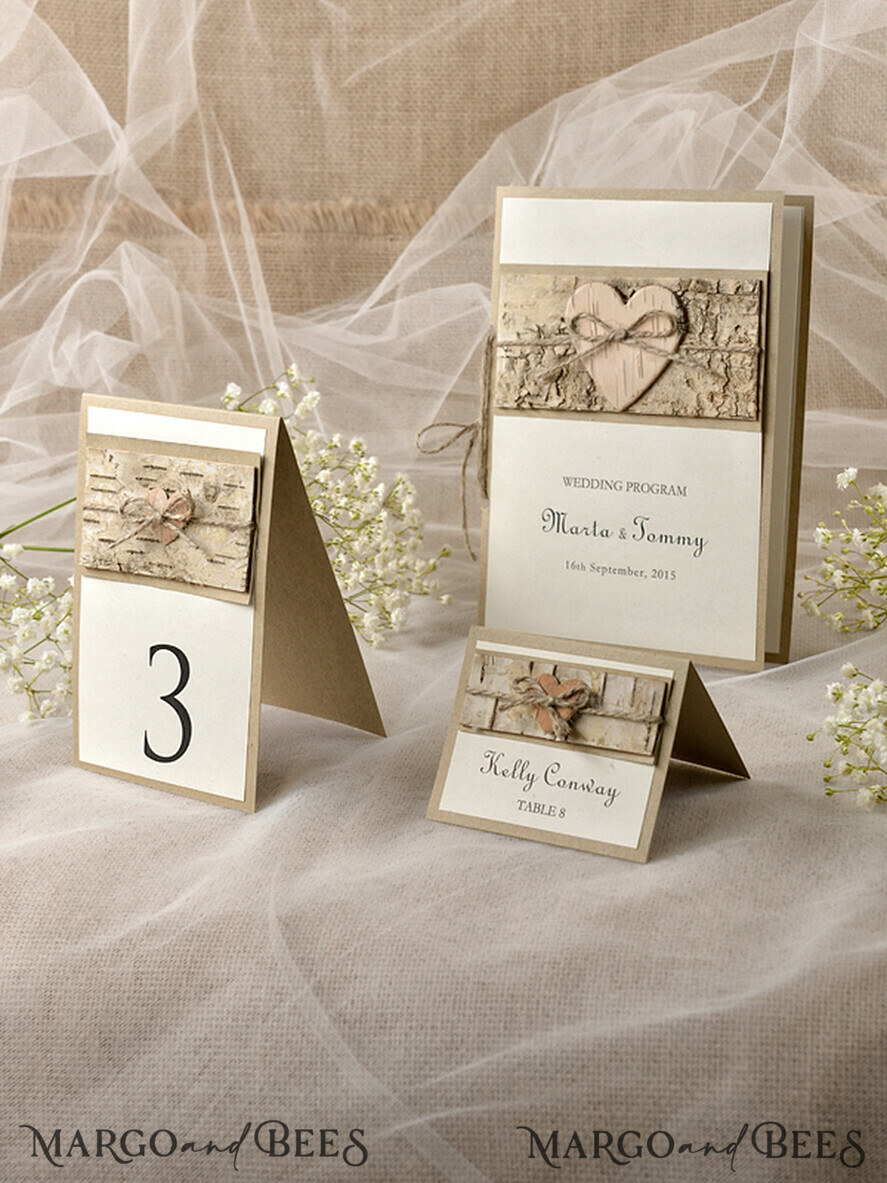 MENU & PROGRAMS rustic Rustic Wedding Program with Wooden heart, Barn Wedding Program, Eco Romantic Personalized Cards with Twine, Simple Ecru Wedding Program, Elegant Booklet Rustic Wedding Cards