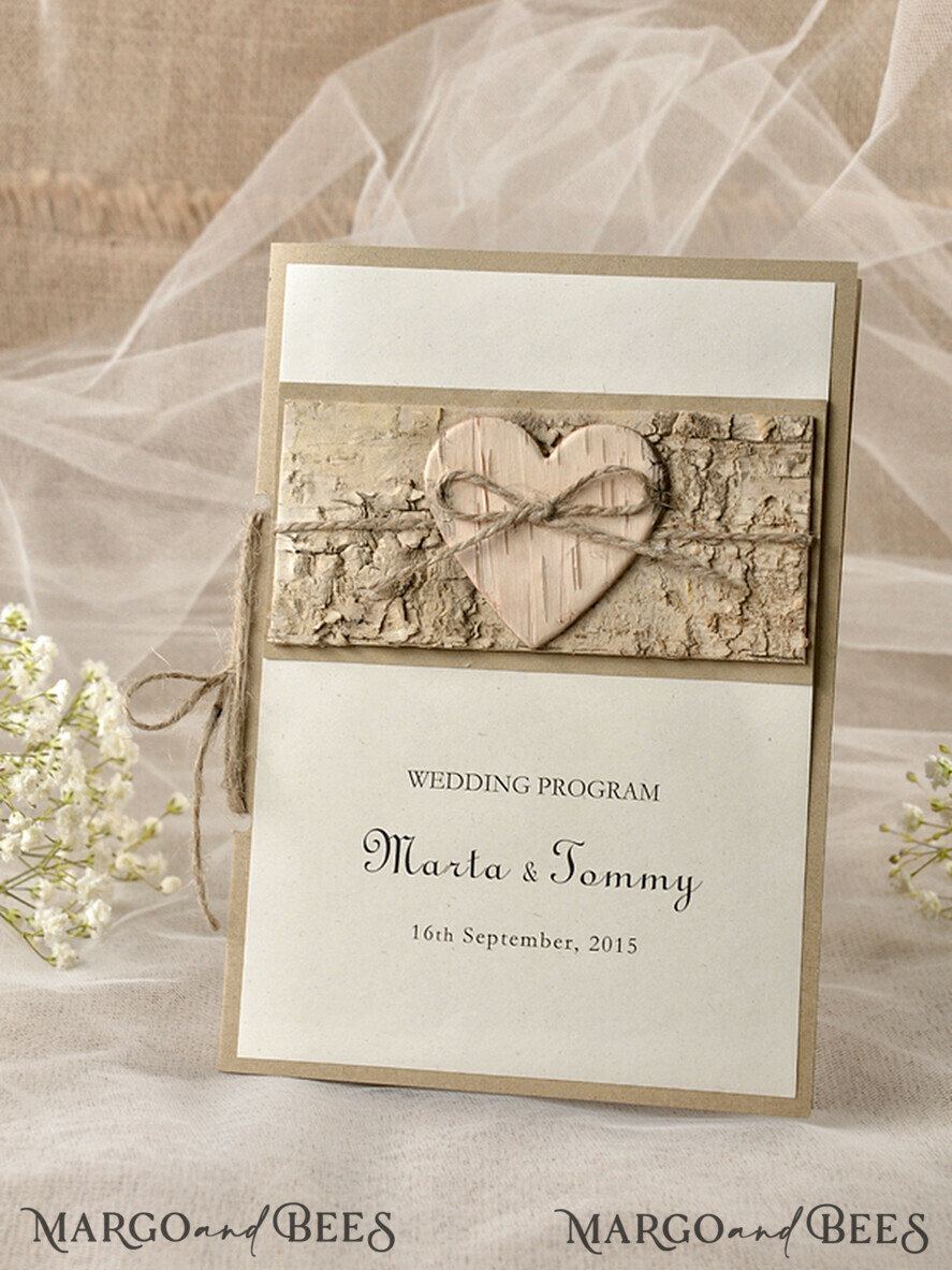 MENU & PROGRAMS rustic Rustic Wedding Program with Wooden heart, Barn Wedding Program, Eco Romantic Personalized Cards with Twine, Simple Ecru Wedding Program, Elegant Booklet Rustic Wedding Cards
