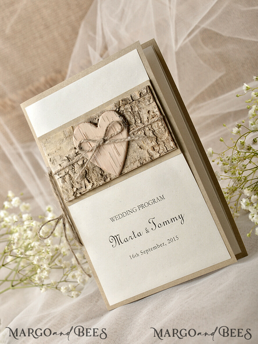 MENU & PROGRAMS rustic Rustic Wedding Program with Wooden heart, Barn Wedding Program, Eco Romantic Personalized Cards with Twine, Simple Ecru Wedding Program, Elegant Booklet Rustic Wedding Cards