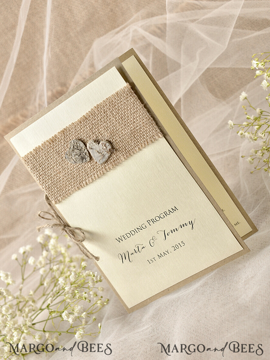 MENU & PROGRAMS rustic Ecru Rustic Wedding Program with Wooden hearts, Barn Wedding Program, Eco Romantic Personalized Cards with Twine, Simple Rustic Lace Wedding Program, Elegant Booklet Rustic Wedding Cards