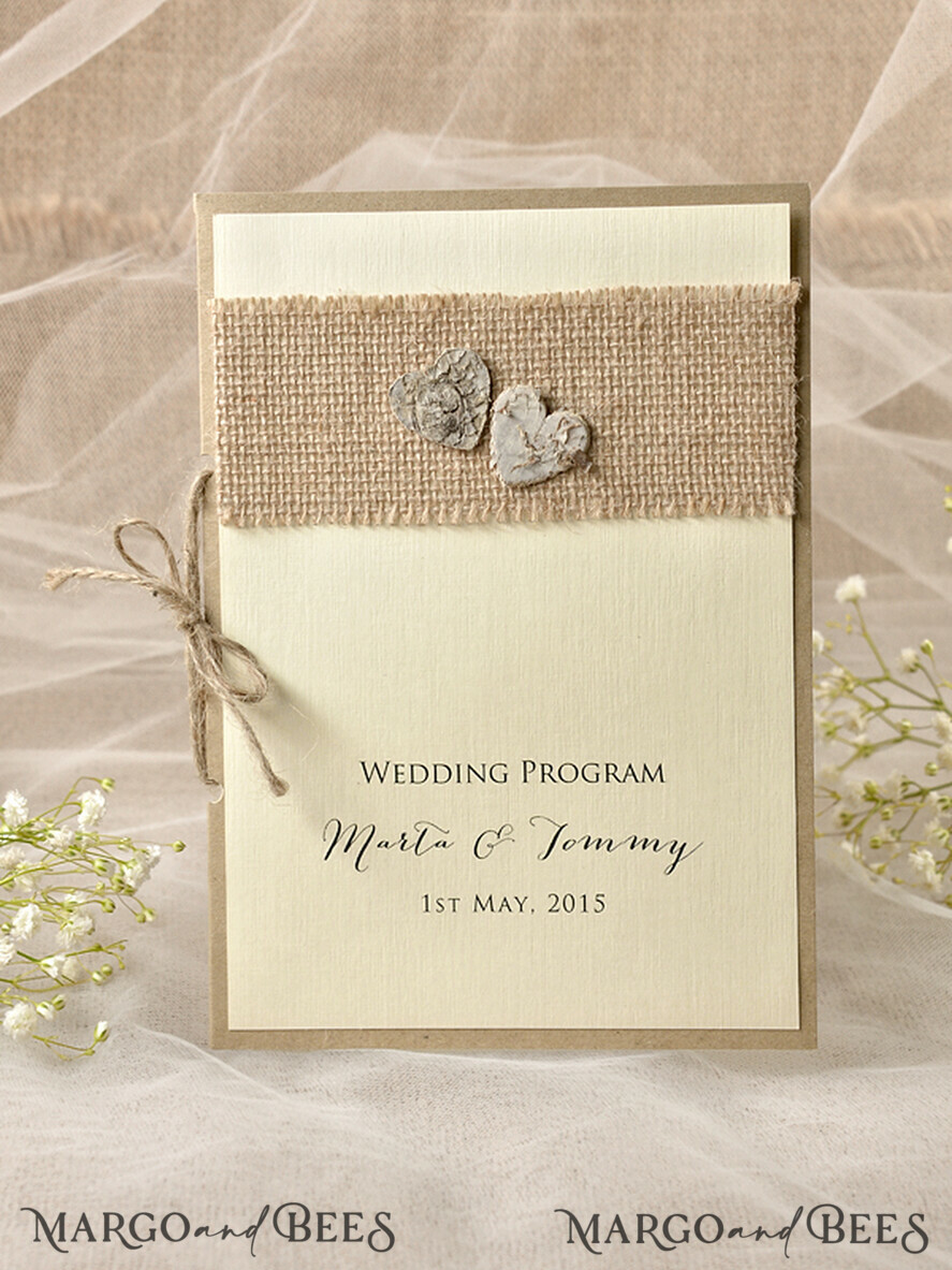 MENU & PROGRAMS rustic Ecru Rustic Wedding Program with Wooden hearts, Barn Wedding Program, Eco Romantic Personalized Cards with Twine, Simple Rustic Lace Wedding Program, Elegant Booklet Rustic Wedding Cards