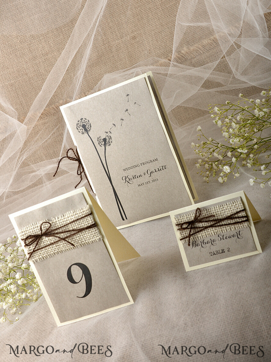MENU & PROGRAMS rustic Rustic Dandelion Wedding Program with twine, Barn Wedding Program, Eco Romantic Personalized Cards, Simple Rustic Lace Wedding Program, Elegant Booklet Brown Wedding Cards