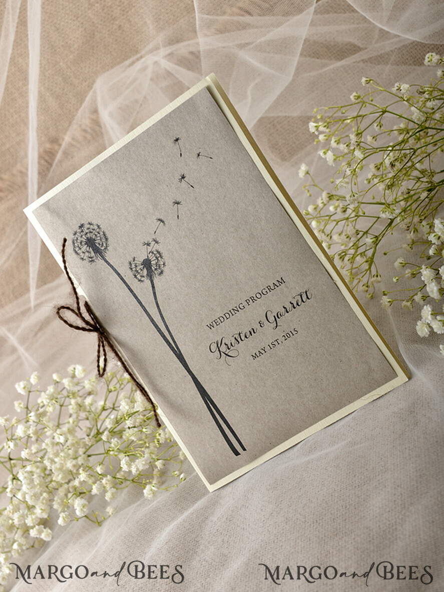 MENU & PROGRAMS rustic Rustic Dandelion Wedding Program with twine, Barn Wedding Program, Eco Romantic Personalized Cards, Simple Rustic Lace Wedding Program, Elegant Booklet Brown Wedding Cards