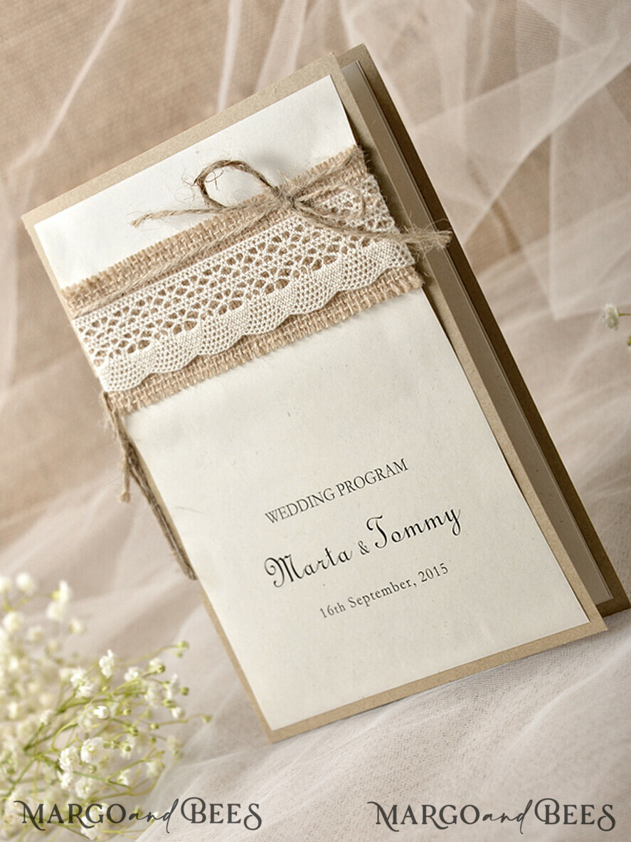 MENU & PROGRAMS rustic Ecru Rustic Wedding Program with Lace, Barn Wedding Program, Eco Romantic Personalized Cards with Twine, Simple Rustic Lace Wedding Program, Elegant Booklet Rustic Wedding Cards