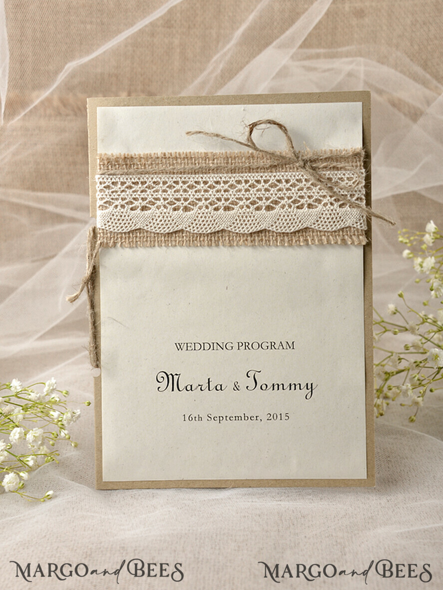 MENU & PROGRAMS rustic Ecru Rustic Wedding Program with Lace, Barn Wedding Program, Eco Romantic Personalized Cards with Twine, Simple Rustic Lace Wedding Program, Elegant Booklet Rustic Wedding Cards