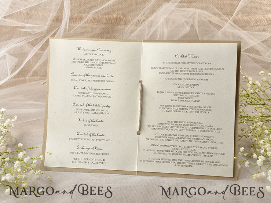 MENU & PROGRAMS rustic Ecru Rustic Wedding Program with Lace, Barn Wedding Program, Eco Romantic Personalized Cards with Twine, Simple Rustic Lace Wedding Program, Elegant Booklet Rustic Wedding Cards