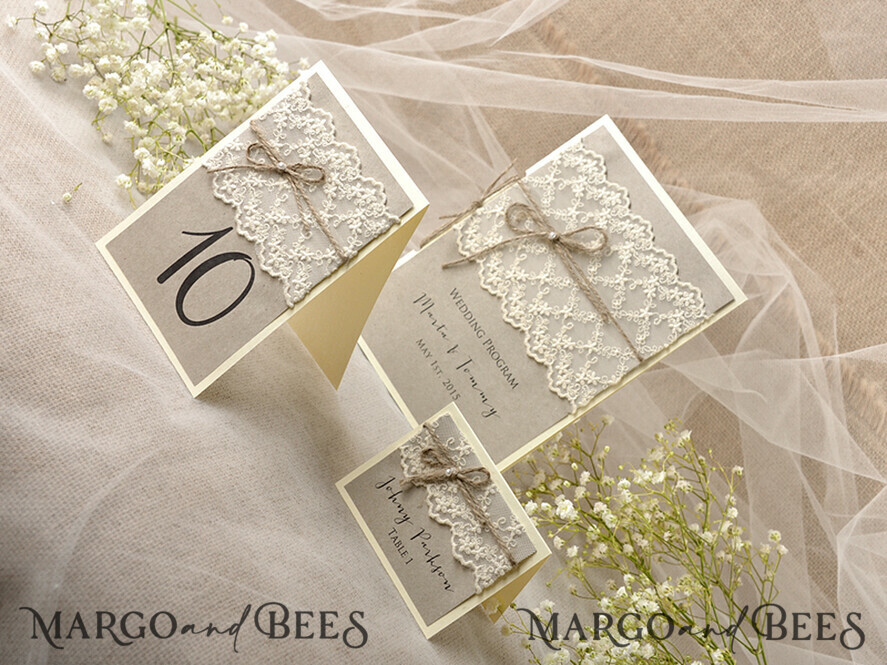 MENU & PROGRAMS rustic Rustic Wedding Program with Lace, Barn Wedding Program, Eco Romantic Personalized Cards with Twine, Simple Rustic Lace Wedding Program, Elegant Booklet Brown Wedding Cards