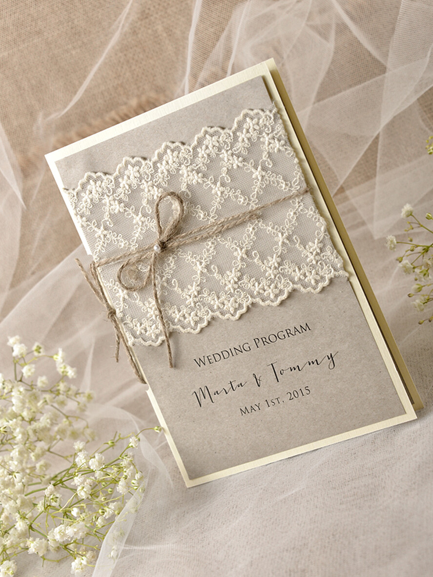 MENU & PROGRAMS rustic Rustic Wedding Program with Lace, Barn Wedding Program, Eco Romantic Personalized Cards with Twine, Simple Rustic Lace Wedding Program, Elegant Booklet Brown Wedding Cards