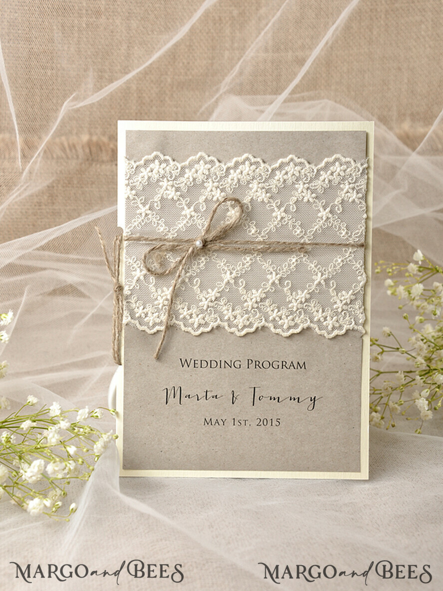 MENU & PROGRAMS rustic Rustic Wedding Program with Lace, Barn Wedding Program, Eco Romantic Personalized Cards with Twine, Simple Rustic Lace Wedding Program, Elegant Booklet Brown Wedding Cards