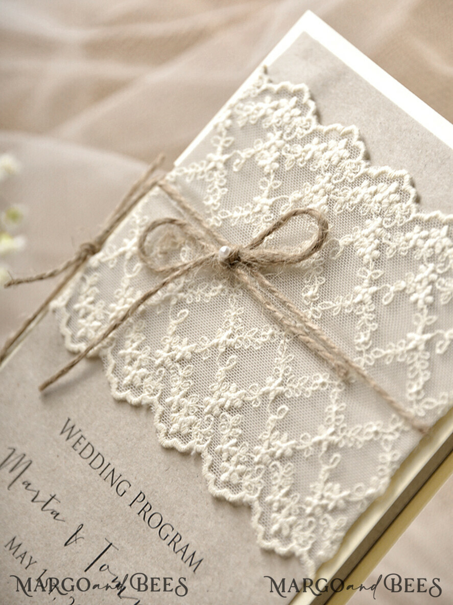 MENU & PROGRAMS rustic Rustic Wedding Program with Lace, Barn Wedding Program, Eco Romantic Personalized Cards with Twine, Simple Rustic Lace Wedding Program, Elegant Booklet Brown Wedding Cards