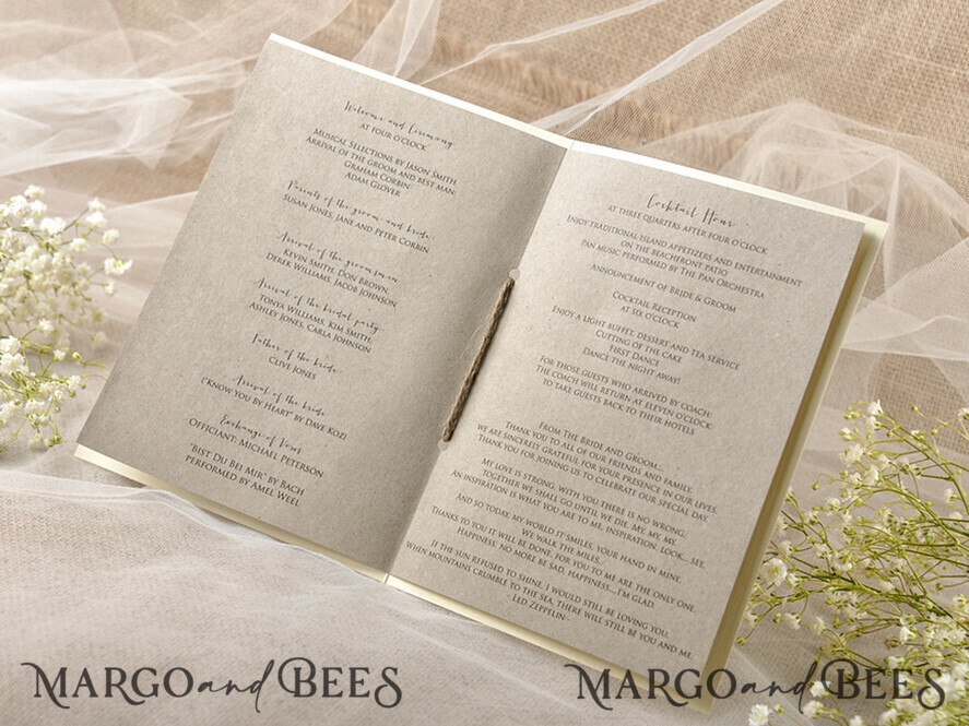 MENU & PROGRAMS rustic Rustic Wedding Program with Lace, Barn Wedding Program, Eco Romantic Personalized Cards with Twine, Simple Rustic Lace Wedding Program, Elegant Booklet Brown Wedding Cards