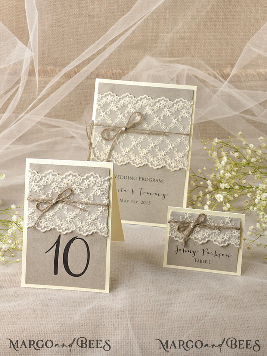 MENU & PROGRAMS rustic Rustic Wedding Program with Lace, Barn Wedding Program, Eco Romantic Personalized Cards with Twine, Simple Rustic Lace Wedding Program, Elegant Booklet Brown Wedding Cards