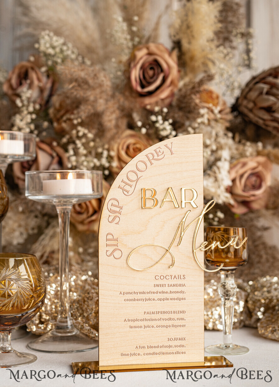 TISCHDEKORATIONSCHILDER   Holz Eco Rustikale Tischnummern Acryl-Bogen-Bar-Menü, gold Plexi Elfenbein Samt Getränkebar-Menü-Schild mit Ständer, beige Plexi Tisch-Bar-Menü Luxus Hochzeits Tischdeko, Hochzeitsbeschilderung Ecru Getränkebar-Menü