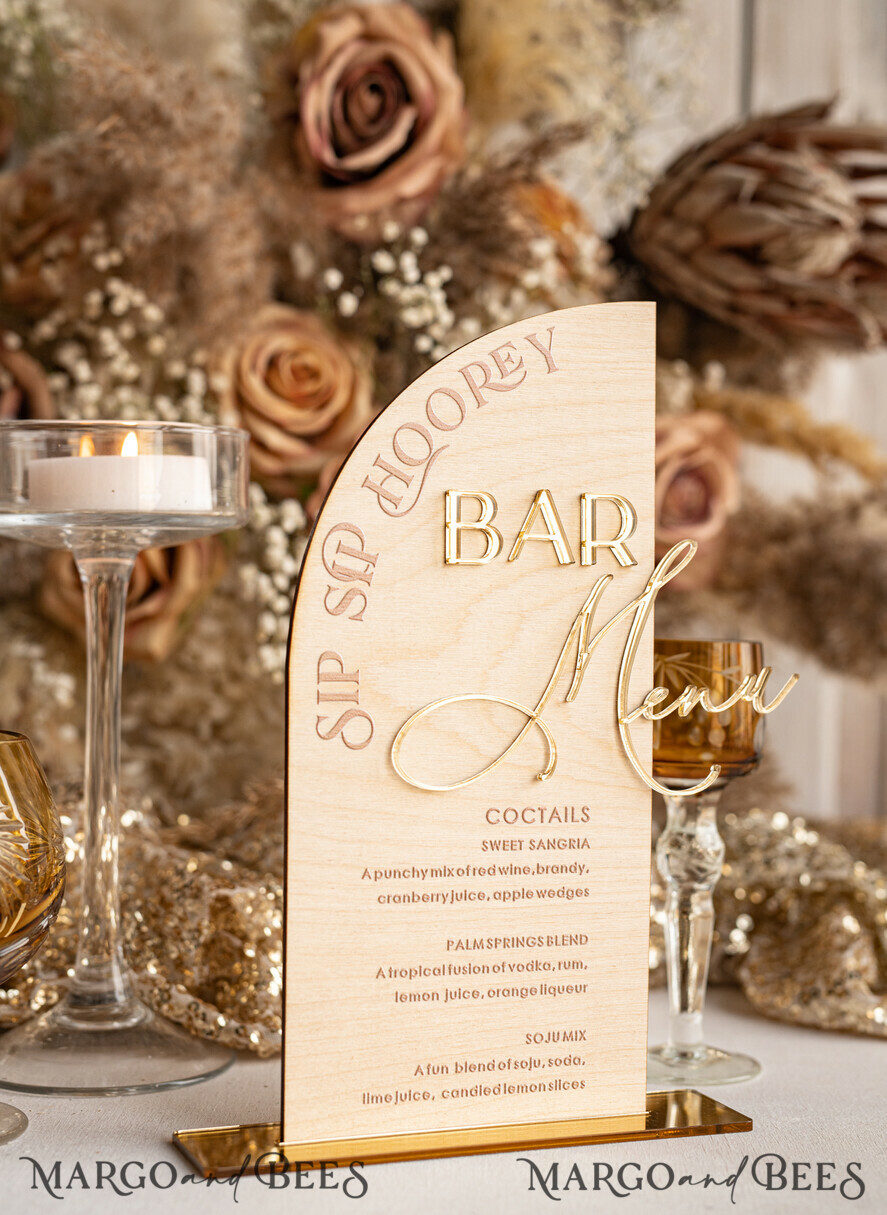TISCHDEKORATIONSCHILDER   Holz Eco Rustikale Tischnummern Acryl-Bogen-Bar-Menü, gold Plexi Elfenbein Samt Getränkebar-Menü-Schild mit Ständer, beige Plexi Tisch-Bar-Menü Luxus Hochzeits Tischdeko, Hochzeitsbeschilderung Ecru Getränkebar-Menü