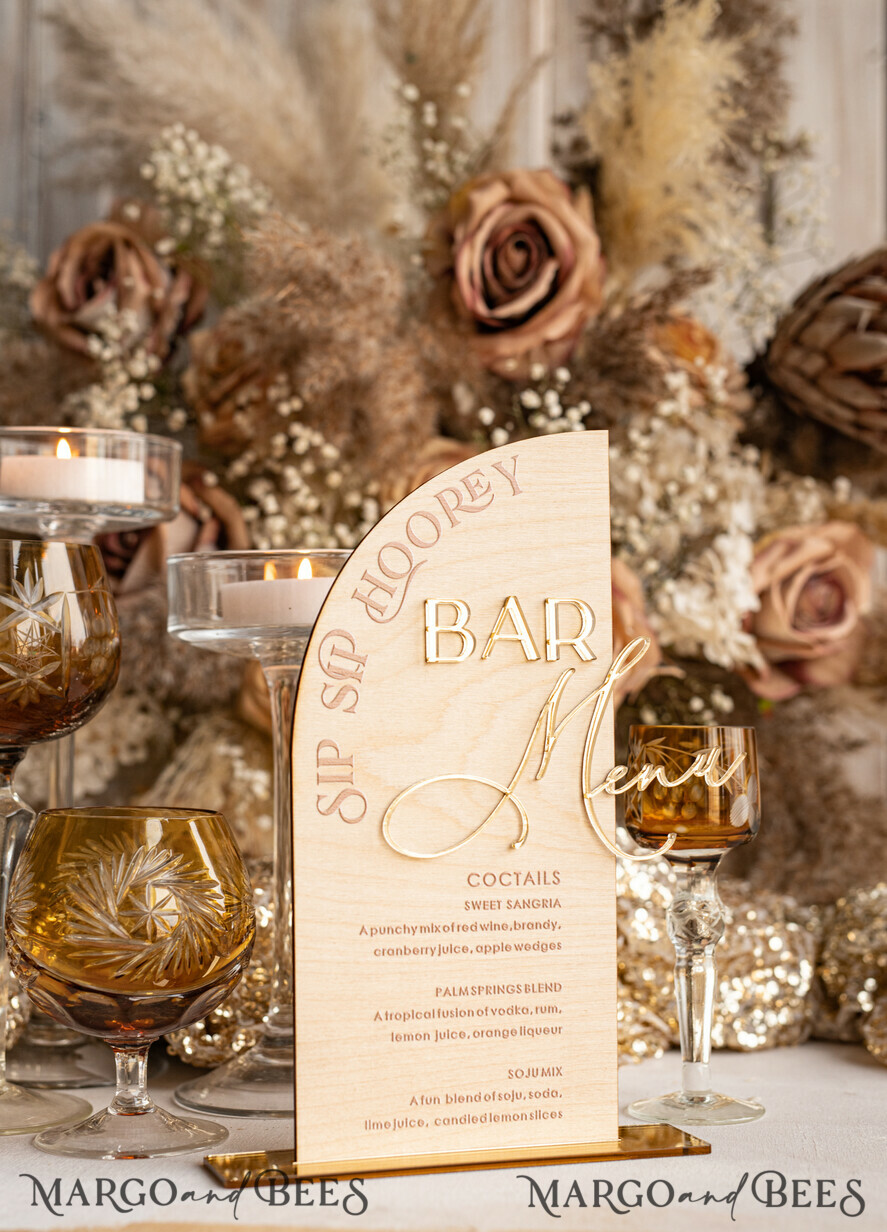 TISCHDEKORATIONSCHILDER   Holz Eco Rustikale Tischnummern Acryl-Bogen-Bar-Menü, gold Plexi Elfenbein Samt Getränkebar-Menü-Schild mit Ständer, beige Plexi Tisch-Bar-Menü Luxus Hochzeits Tischdeko, Hochzeitsbeschilderung Ecru Getränkebar-Menü