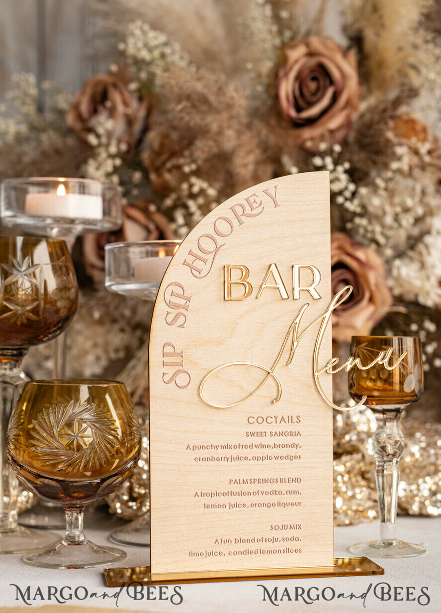 TISCHDEKORATIONSCHILDER   Holz Eco Rustikale Tischnummern Acryl-Bogen-Bar-Menü, gold Plexi Elfenbein Samt Getränkebar-Menü-Schild mit Ständer, beige Plexi Tisch-Bar-Menü Luxus Hochzeits Tischdeko, Hochzeitsbeschilderung Ecru Getränkebar-Menü