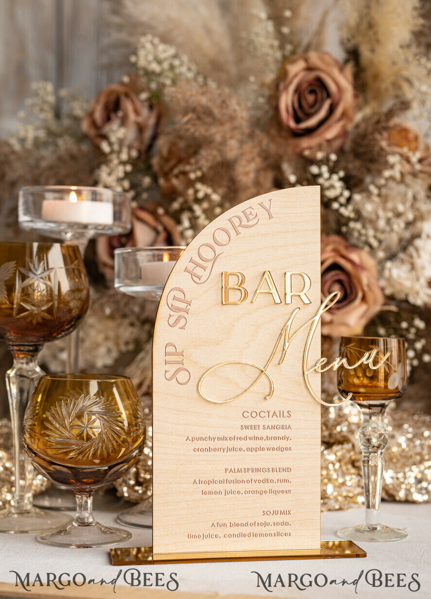 TISCHDEKORATIONSCHILDER   Holz Eco Rustikale Tischnummern Acryl-Bogen-Bar-Menü, gold Plexi Elfenbein Samt Getränkebar-Menü-Schild mit Ständer, beige Plexi Tisch-Bar-Menü Luxus Hochzeits Tischdeko, Hochzeitsbeschilderung Ecru Getränkebar-Menü