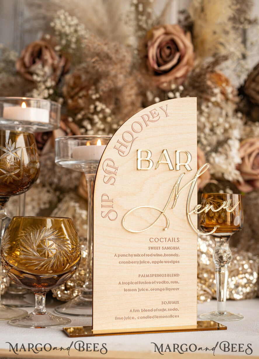 TISCHDEKORATIONSCHILDER   Holz Eco Rustikale Tischnummern Acryl-Bogen-Bar-Menü, gold Plexi Elfenbein Samt Getränkebar-Menü-Schild mit Ständer, beige Plexi Tisch-Bar-Menü Luxus Hochzeits Tischdeko, Hochzeitsbeschilderung Ecru Getränkebar-Menü
