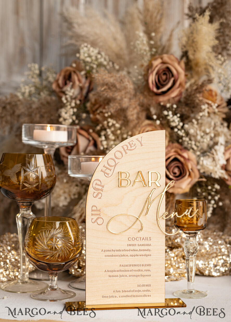 TISCHDEKORATIONSCHILDER   Holz Eco Rustikale Tischnummern Acryl-Bogen-Bar-Menü, gold Plexi Elfenbein Samt Getränkebar-Menü-Schild mit Ständer, beige Plexi Tisch-Bar-Menü Luxus Hochzeits Tischdeko, Hochzeitsbeschilderung Ecru Getränkebar-Menü