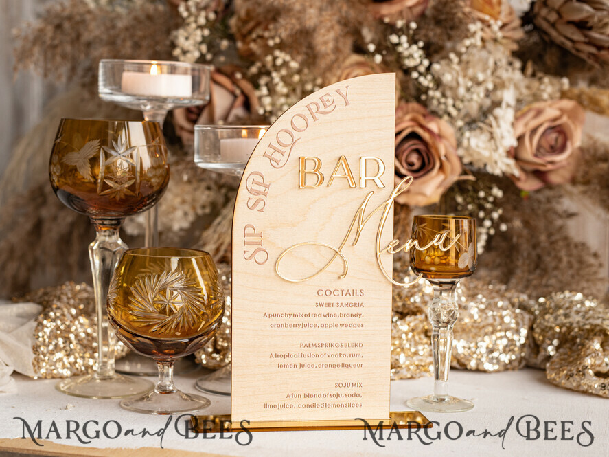 TISCHDEKORATIONSCHILDER   Holz Eco Rustikale Tischnummern Acryl-Bogen-Bar-Menü, gold Plexi Elfenbein Samt Getränkebar-Menü-Schild mit Ständer, beige Plexi Tisch-Bar-Menü Luxus Hochzeits Tischdeko, Hochzeitsbeschilderung Ecru Getränkebar-Menü