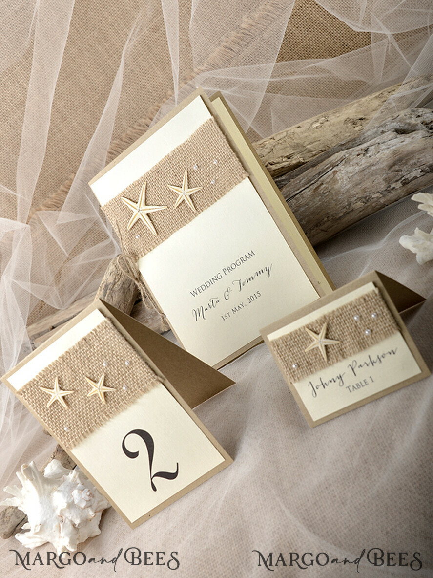 PLACE CARDS / TABLE CARDS Beach/marine/ Destionation Wedding Theme Marine Wedding Place Card with Starfish and Natural Burlap, Ivory and Brown Elegant Marine Name Tags For Your Wedding Tables, Delicate White Wedding Place Cards