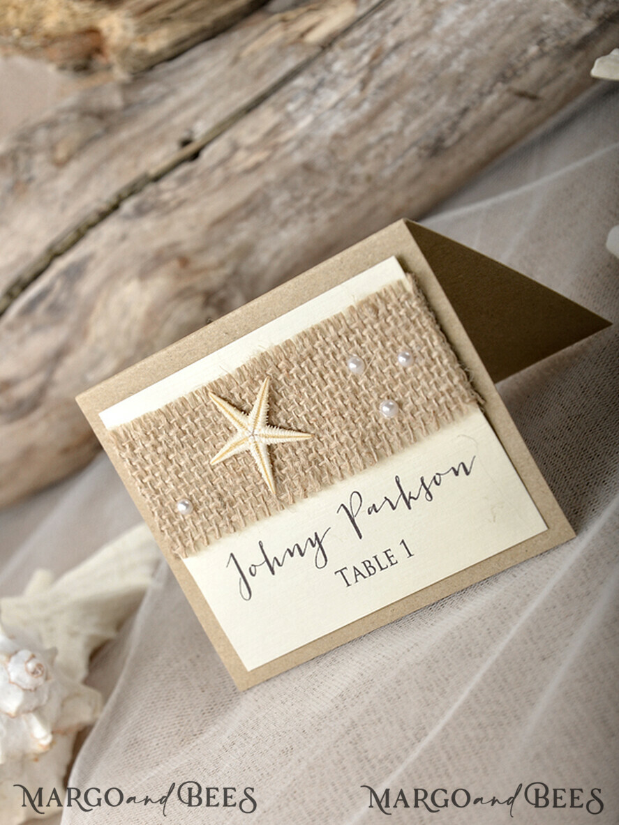 PLACE CARDS / TABLE CARDS Beach/marine/ Destionation Wedding Theme Marine Wedding Place Card with Starfish and Natural Burlap, Ivory and Brown Elegant Marine Name Tags For Your Wedding Tables, Delicate White Wedding Place Cards