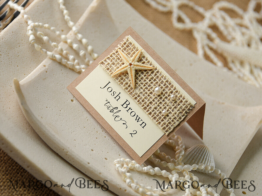 PLACE CARDS / TABLE CARDS Beach/marine/ Destionation Wedding Theme Ivory and Brown Marine Wedding Place Card with Starfish and Natural Burlap, Elegant Marine Name Tags For Your Wedding Tables, Delicate White Wedding Place Cards