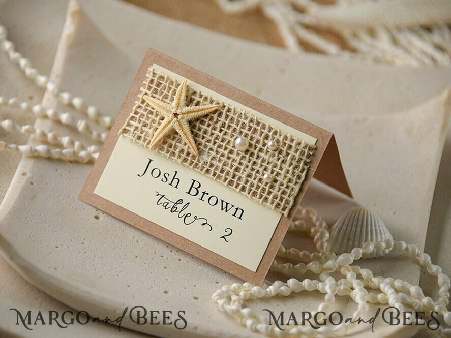 PLACE CARDS / TABLE CARDS Beach/marine/ Destionation Wedding Theme Ivory and Brown Marine Wedding Place Card with Starfish and Natural Burlap, Elegant Marine Name Tags For Your Wedding Tables, Delicate White Wedding Place Cards