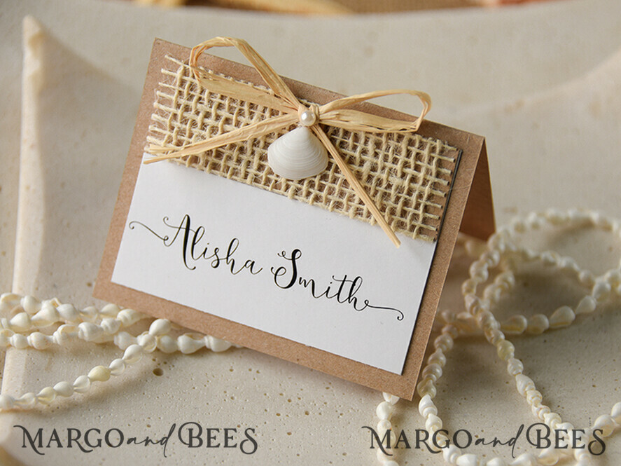 PLACE CARDS / TABLE CARDS Beach/marine/ Destionation Wedding Theme Marine Brown and White Place Card with Seashell and Raffia Twine, Elegant Name Tag For Your Wedding Tables, Natural Burlap Sea Themed Editable Place Cards  