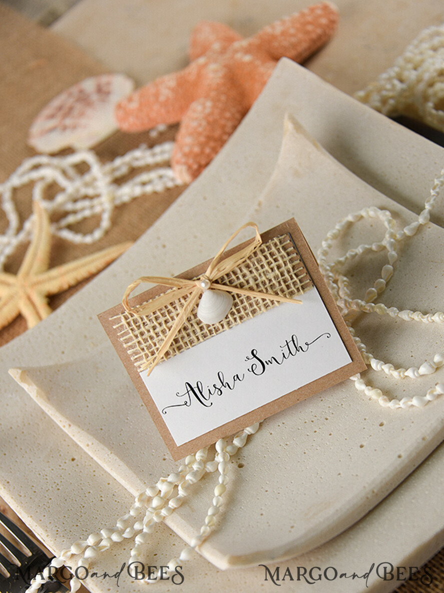 PLACE CARDS / TABLE CARDS Beach/marine/ Destionation Wedding Theme Marine Brown and White Place Card with Seashell and Raffia Twine, Elegant Name Tag For Your Wedding Tables, Natural Burlap Sea Themed Editable Place Cards  
