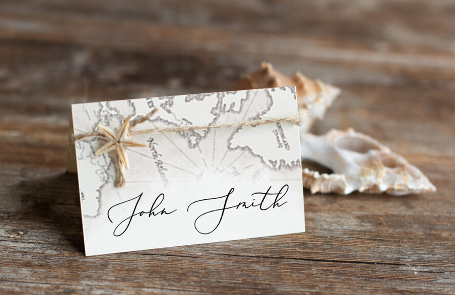 PLACE CARDS / TABLE CARDS Beach/marine/ Destionation Wedding Theme Elegant White Marine Wedding Place Cards with a Twine, Starfish and Map Graphic, Marine Name Tags for Your Wedding Tables, Romantic Editable Wedding Place Tags