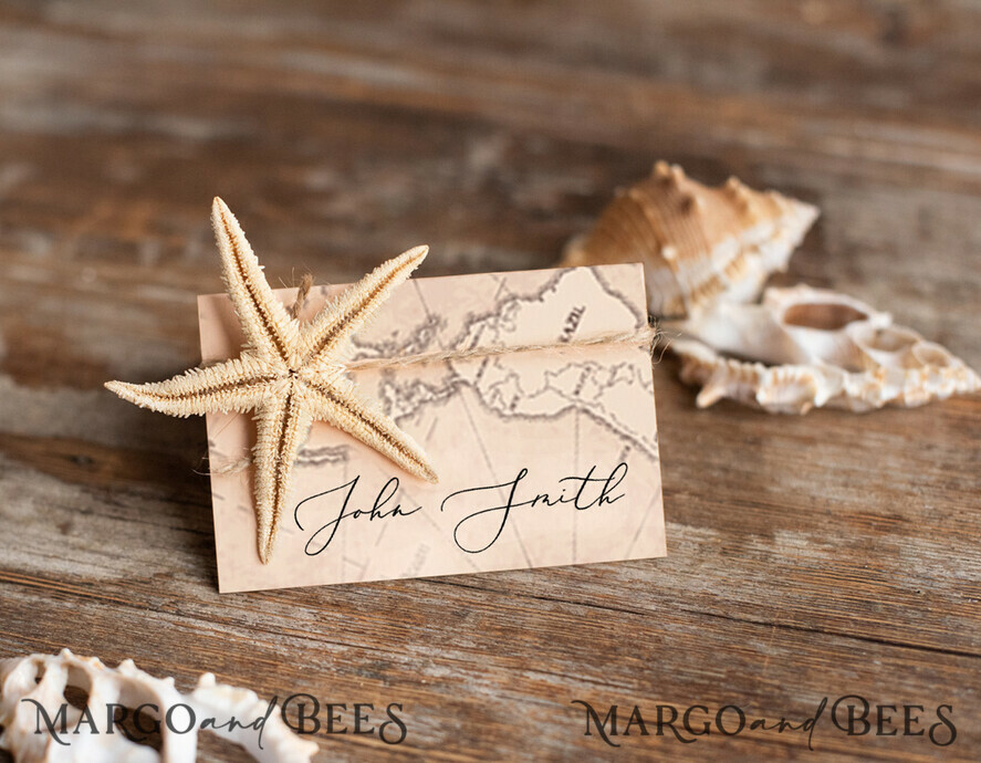 PLACE CARDS / TABLE CARDS Beach/marine/ Destionation Wedding Theme Elegant Marine Wedding Place Cards with Twine, Starfish and Map Graphic, Marine Name Tags for Your Wedding Tables, Destination Travel Wedding Place Tags