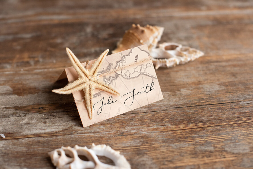 PLACE CARDS / TABLE CARDS Beach/marine/ Destionation Wedding Theme Elegant Marine Wedding Place Cards with Twine, Starfish and Map Graphic, Marine Name Tags for Your Wedding Tables, Destination Travel Wedding Place Tags