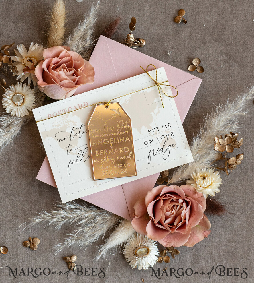 SAVE THE DATES beach travel magnets Personalised Travel Save the Date Acrylic Tag Magnet and Card, Gold Blush Pink Luggage Tag Wedding Save The Dates Acrylic Magnets,  Save The Date Cards