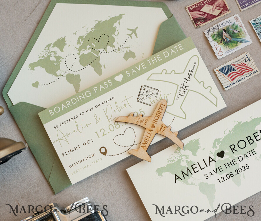 SAVE THE DATES beach travel magnets Sage green  Wooden airplane magnet Save The Date Cards  boardingpass travel airplane save the dates destination wedding magnets