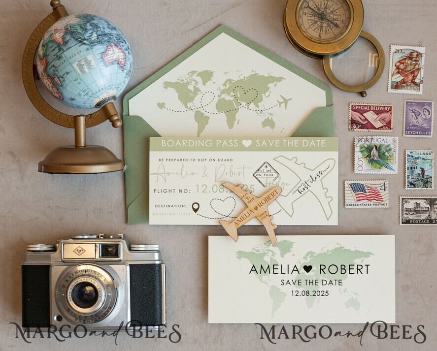 SAVE THE DATES beach travel magnets Sage green  Wooden airplane magnet Save The Date Cards  boardingpass travel airplane save the dates destination wedding magnets