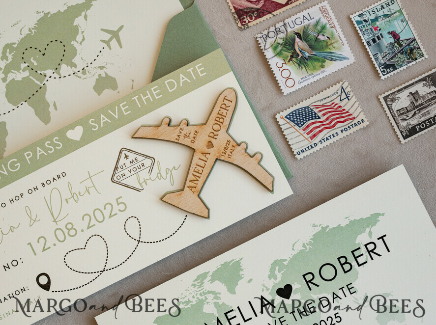 SAVE THE DATES beach travel magnets Sage green  Wooden airplane magnet Save The Date Cards  boardingpass travel airplane save the dates destination wedding magnets
