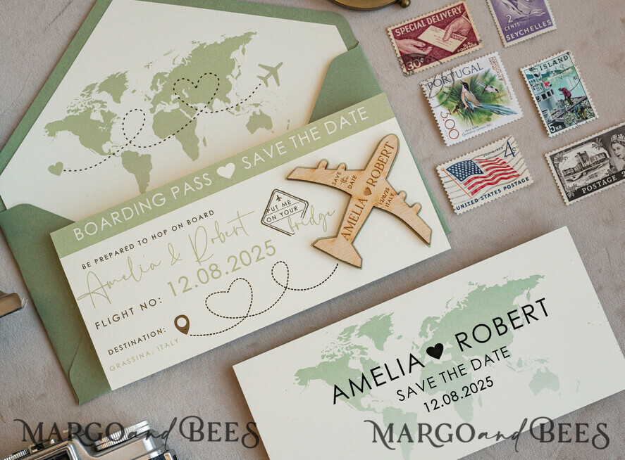 SAVE THE DATES beach travel magnets Sage green  Wooden airplane magnet Save The Date Cards  boardingpass travel airplane save the dates destination wedding magnets