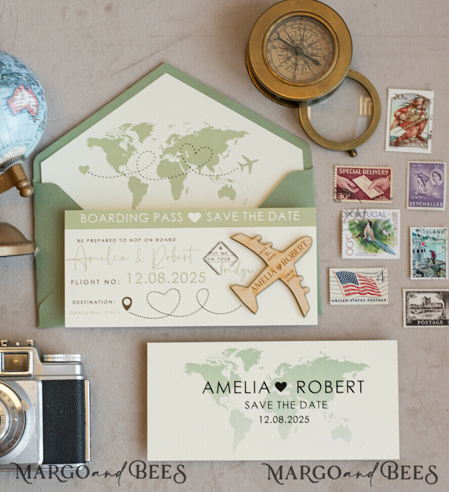 SAVE THE DATES beach travel magnets Sage green  Wooden airplane magnet Save The Date Cards  boardingpass travel airplane save the dates destination wedding magnets
