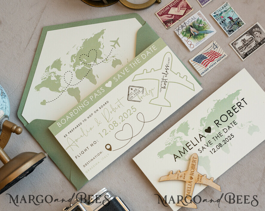 SAVE THE DATES beach travel magnets Sage green  Wooden airplane magnet Save The Date Cards  boardingpass travel airplane save the dates destination wedding magnets