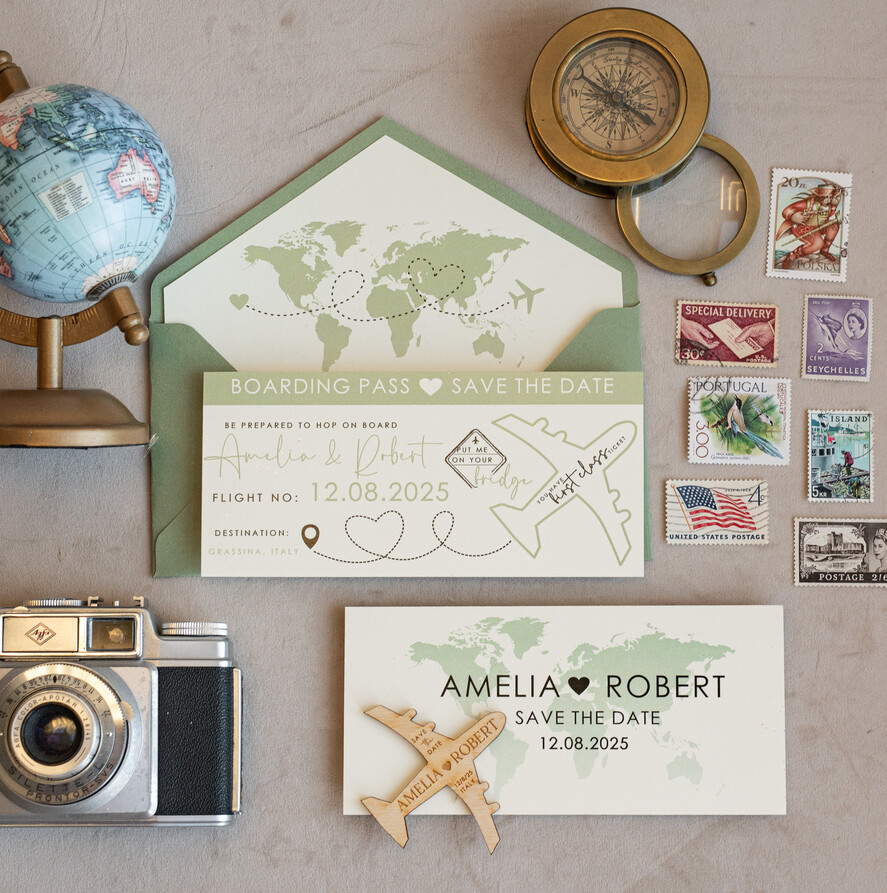 SAVE THE DATES beach travel magnets Sage green  Wooden airplane magnet Save The Date Cards  boardingpass travel airplane save the dates destination wedding magnets