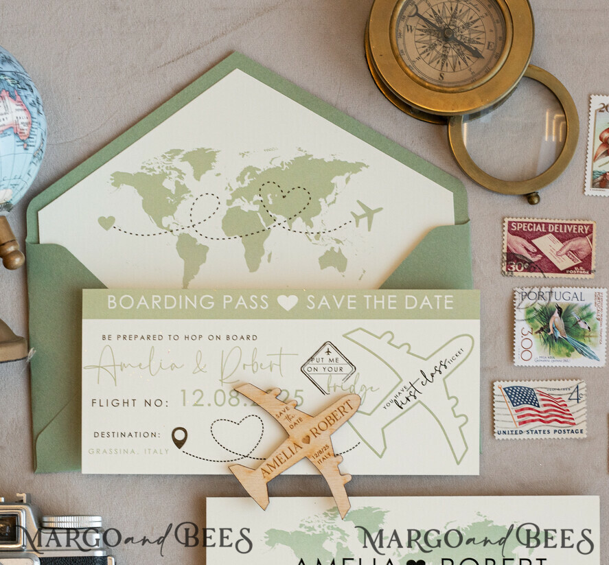 SAVE THE DATES beach travel magnets Sage green  Wooden airplane magnet Save The Date Cards  boardingpass travel airplane save the dates destination wedding magnets