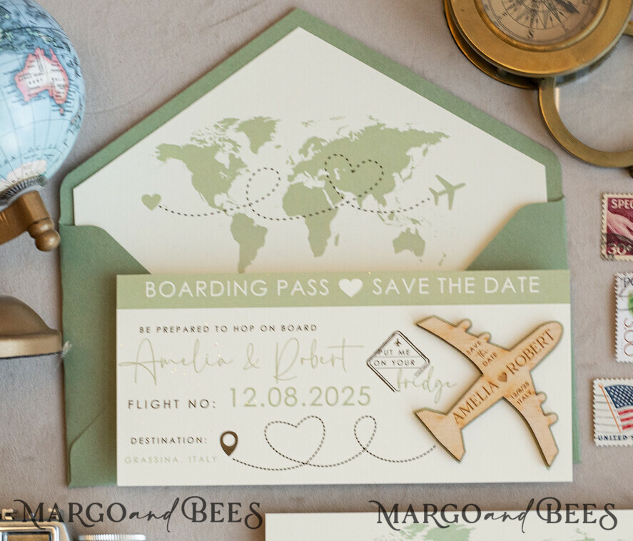SAVE THE DATES beach travel magnets Sage green  Wooden airplane magnet Save The Date Cards  boardingpass travel airplane save the dates destination wedding magnets