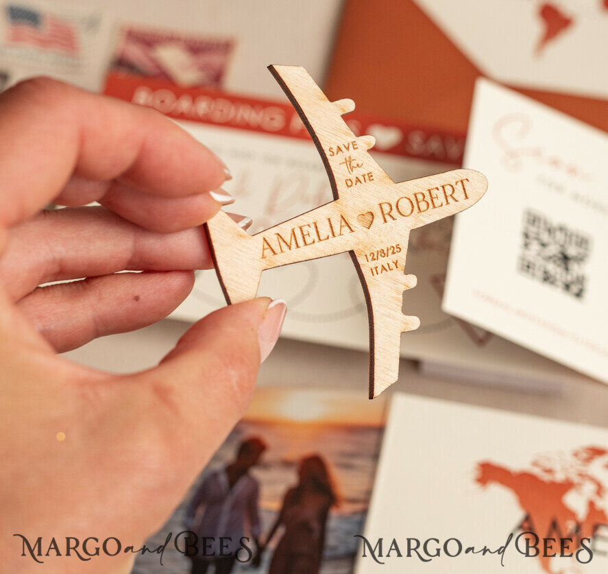 SAVE THE DATES beach travel magnets Terracotta Wooden airplane magnet Save The Date Cards  with photo boardingpass travel airplane save the dates destination wedding magnets