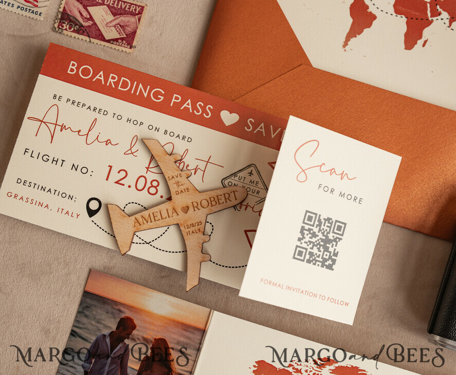 SAVE THE DATES beach travel magnets Terracotta Wooden airplane magnet Save The Date Cards  with photo boardingpass travel airplane save the dates destination wedding magnets