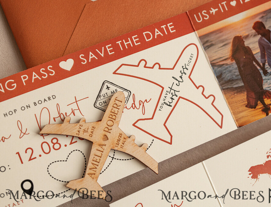 SAVE THE DATES beach travel magnets Terracotta Wooden airplane magnet Save The Date Cards  with photo boardingpass travel airplane save the dates destination wedding magnets